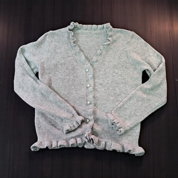 SHEIN Gray Ruffle Knit Cardigan XS Soft Girl Pearl Button Sweater Cute Cozy - Picture 1 of 11